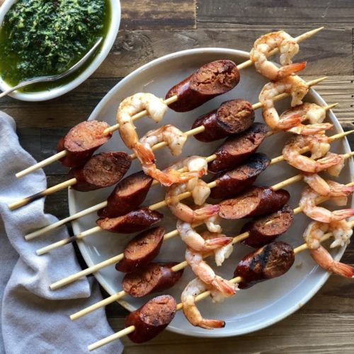 grilled chorizo and shrimp skewers