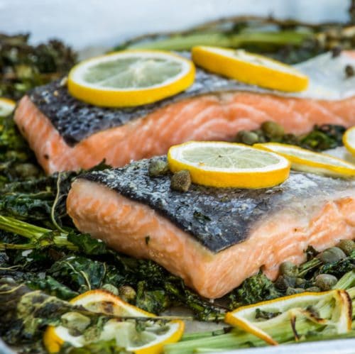 roasted salmon with broccoli and capers